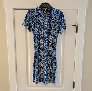 New Directions Blue and White Geometric Chevron Dress, Size SP